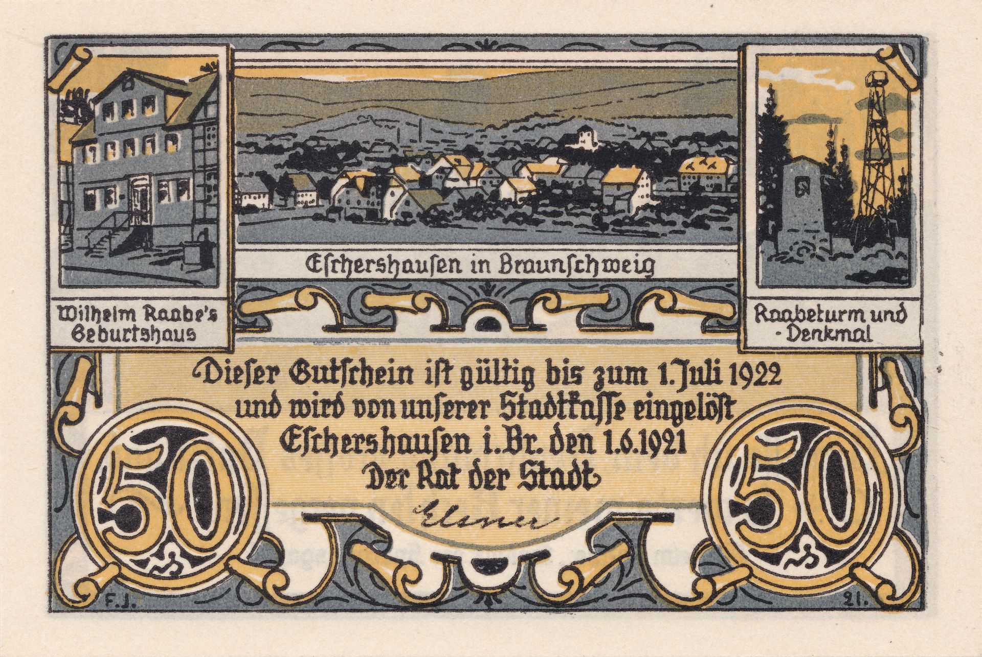 Notgeld der Stadt Eschershausen, Frontseite des 50-Pfennig-Scheins 1921